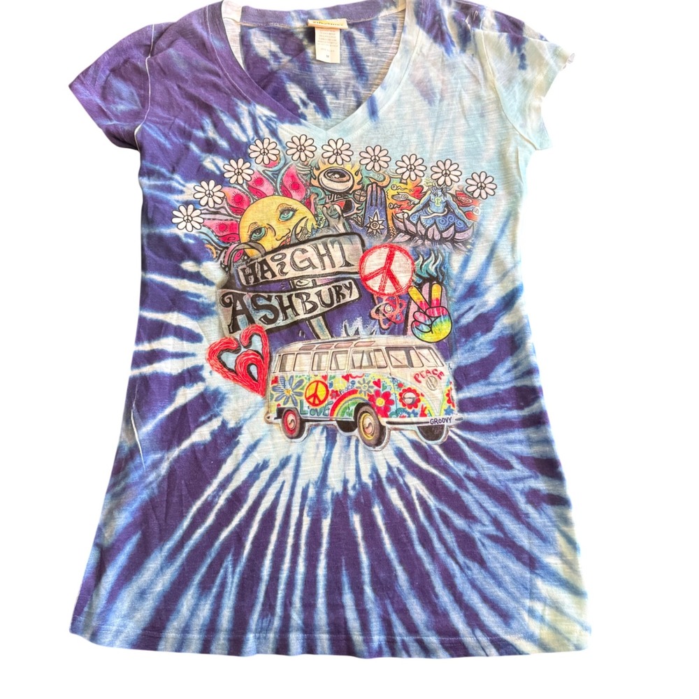 Sunshirt Haight Ashbury Tie Dye V-Neck Tee Blue Purple Medium Made In USA